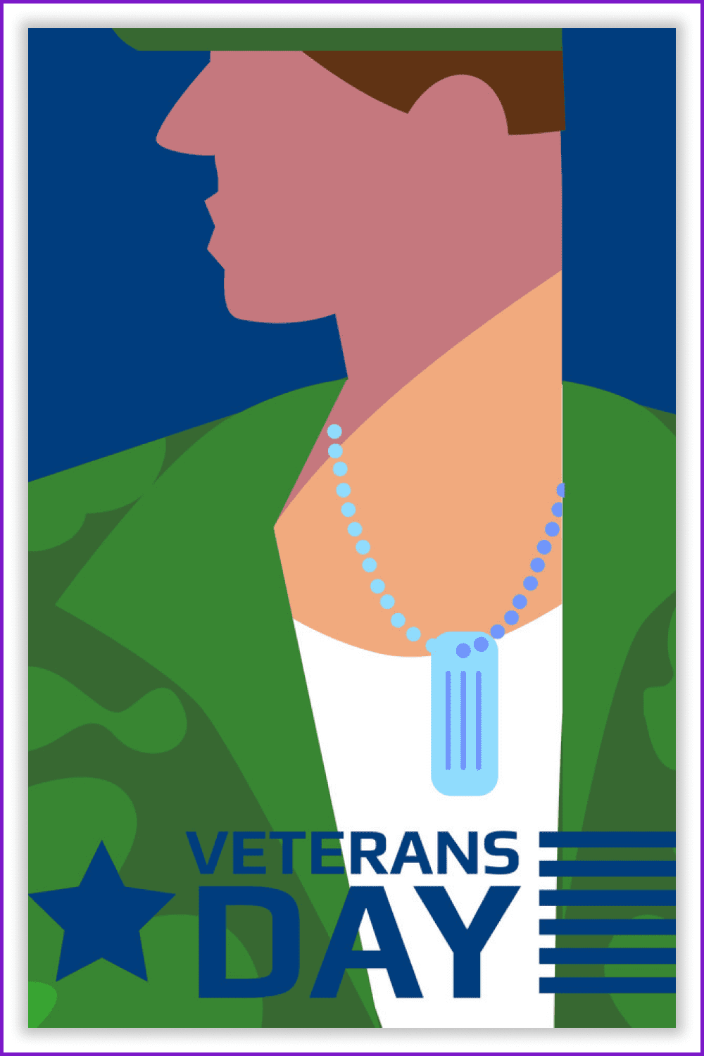 A painted military man with a dog tag around his neck.