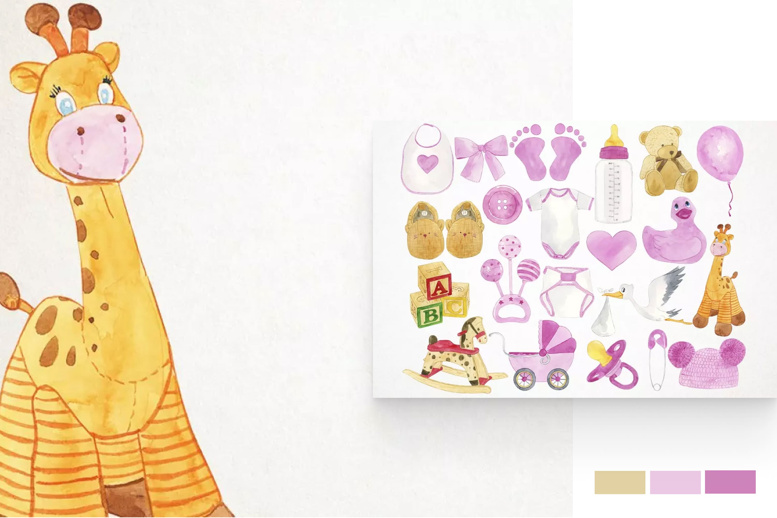 A collage of images of children's items in pink and yellow and a plush giraffe.