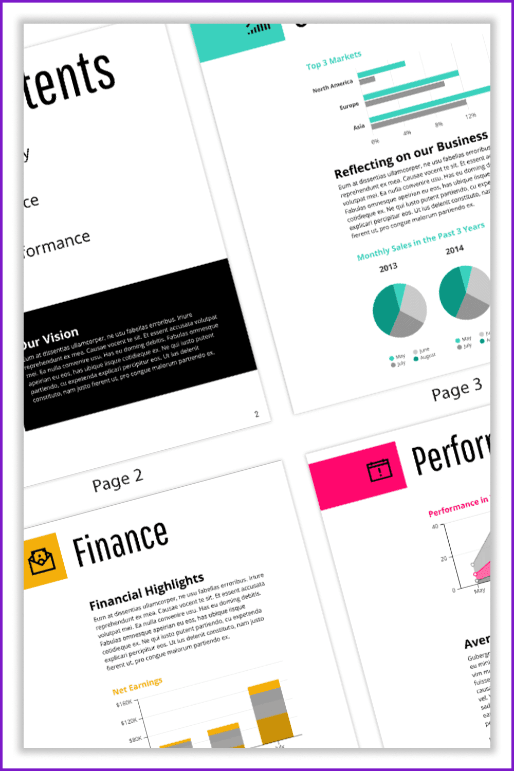 Collage of presentation pages with white background and bright golorful accents.