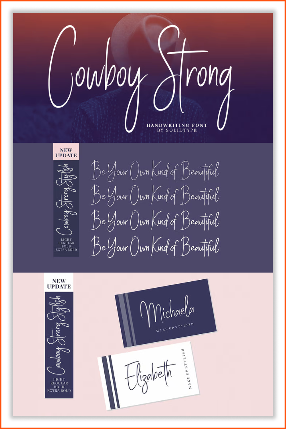 Text written in type Cowboy Strong on a purple background and on business cards.