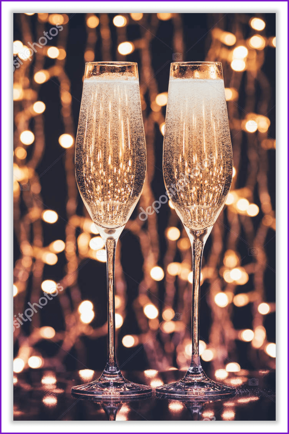 Two glasses of champagne against the background of glowing garlands.
