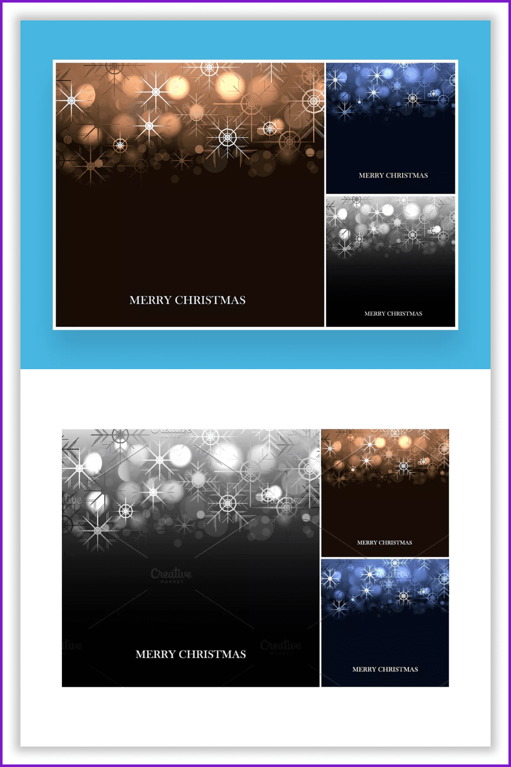 Collage of blue, black, and rose gold backgrounds with Christmas lights.