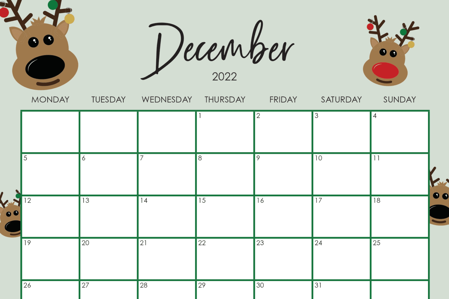 December calendar with the green background and deer.
