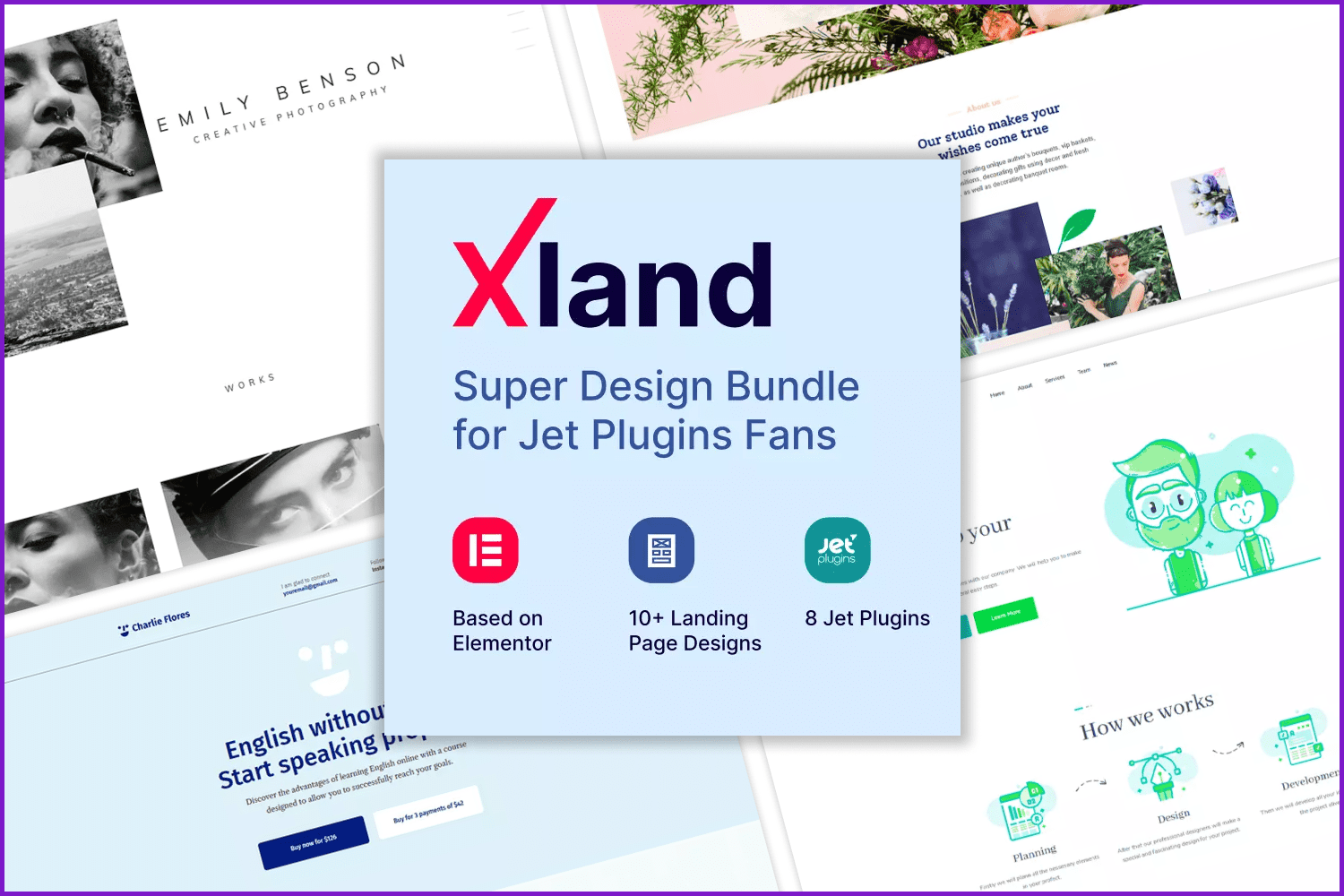 Collage of landing page screenshots with Xland jet plugin.