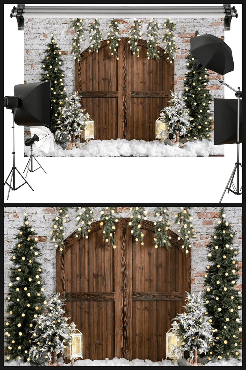 Image of a wooden gate in the wall with decorated Christmas trees on the sides.