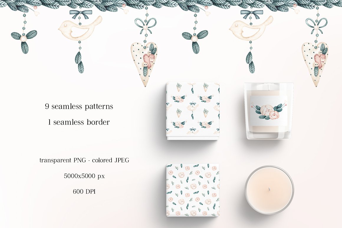 Candle with white label with floral illustration and box in white wrapping paper with the same illustration.