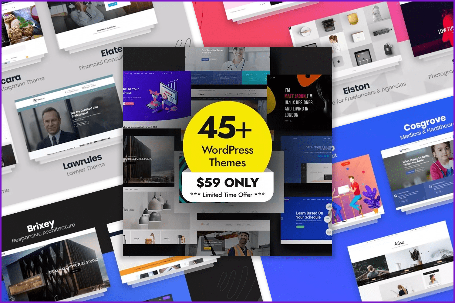 Collage of screenshots of 45 Word Press landing pages.