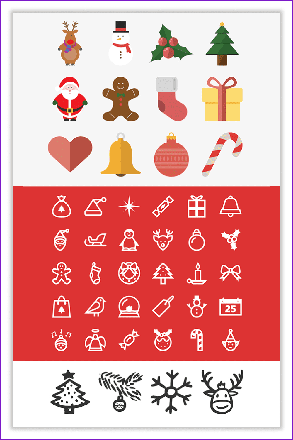 A collage of colored and single-color icons on the theme of Christmas.