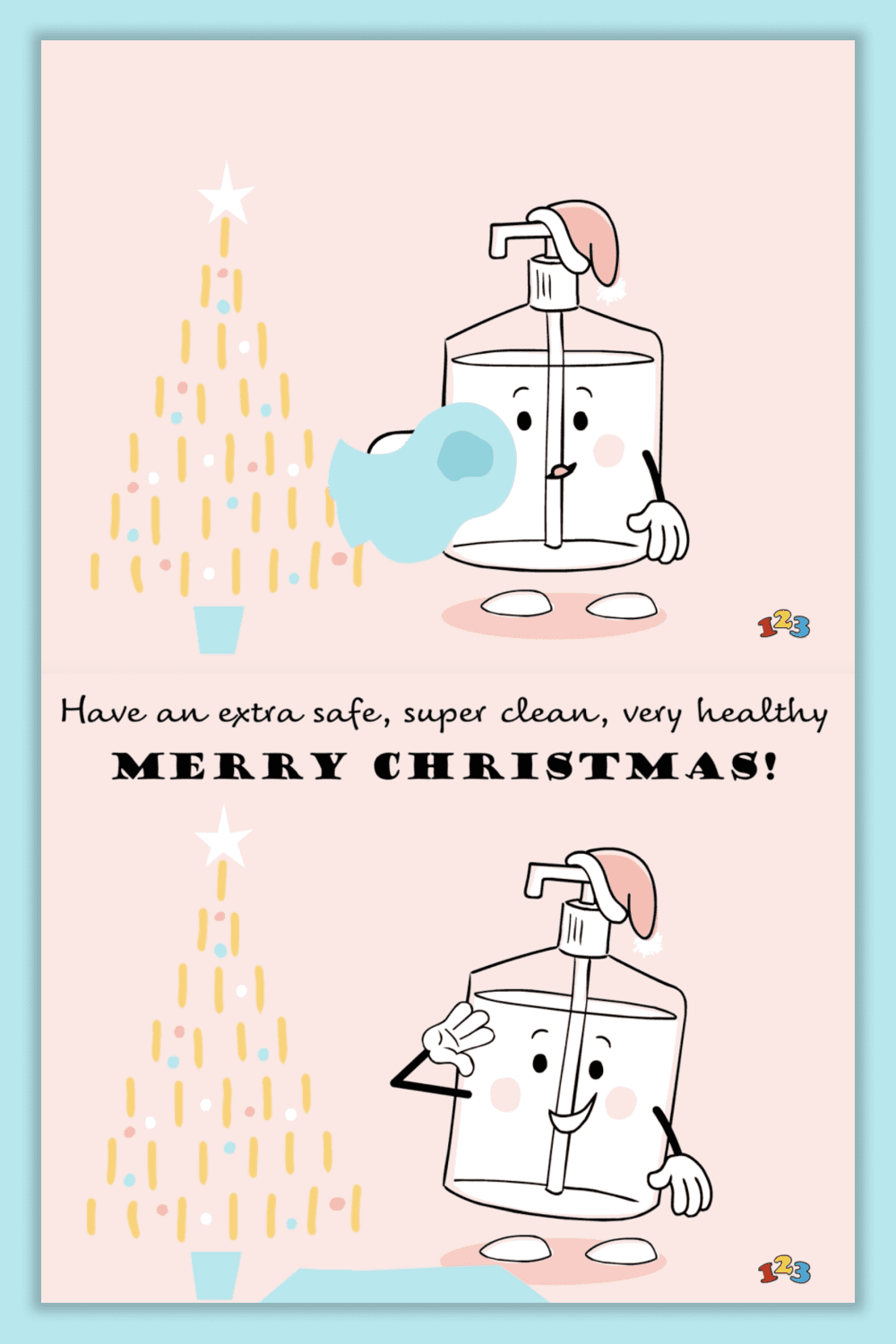Postcard with drawn funny sanitizer and Christmas tree.