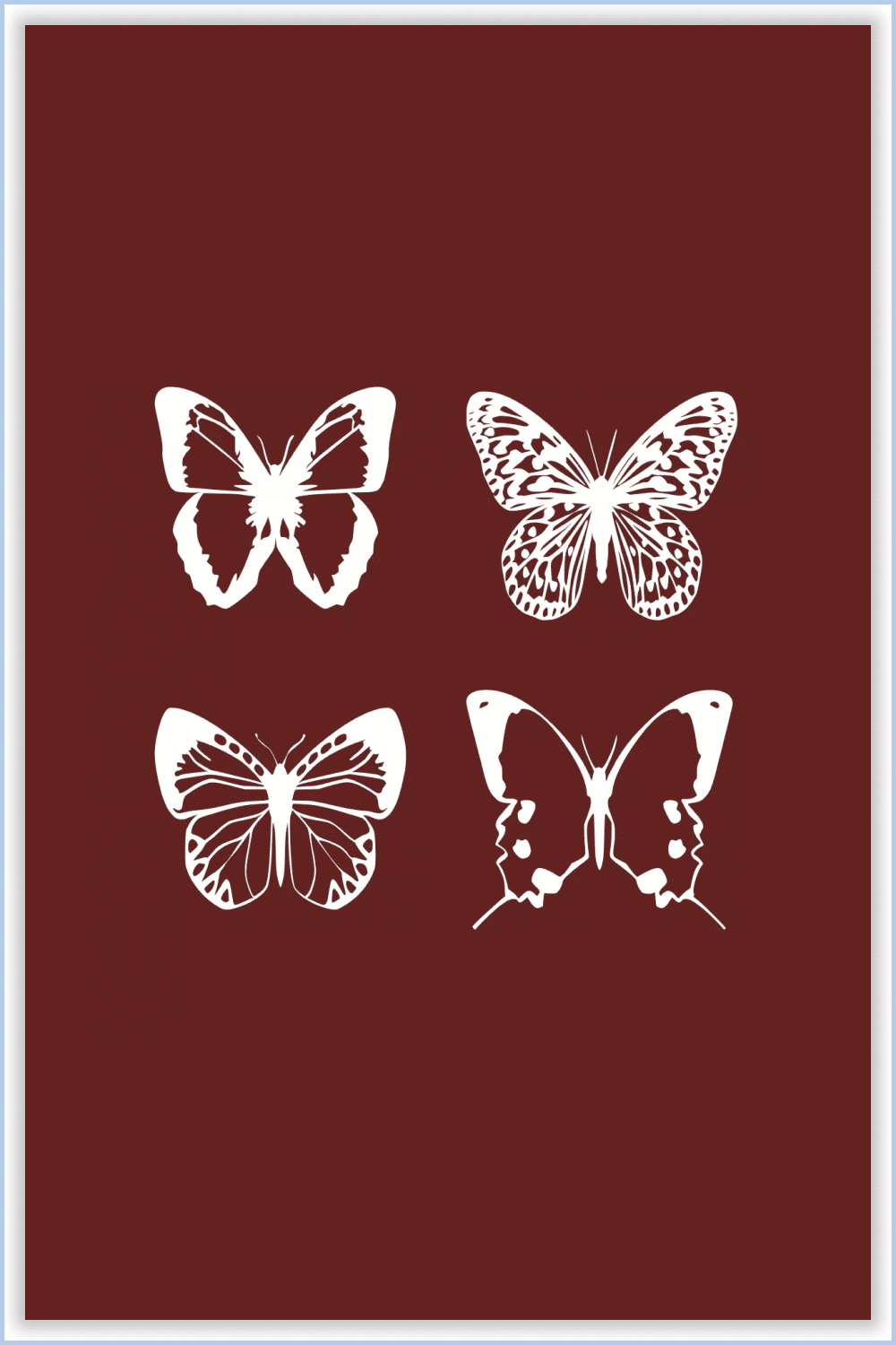 Collage of four different butterflies in white on a brown background.