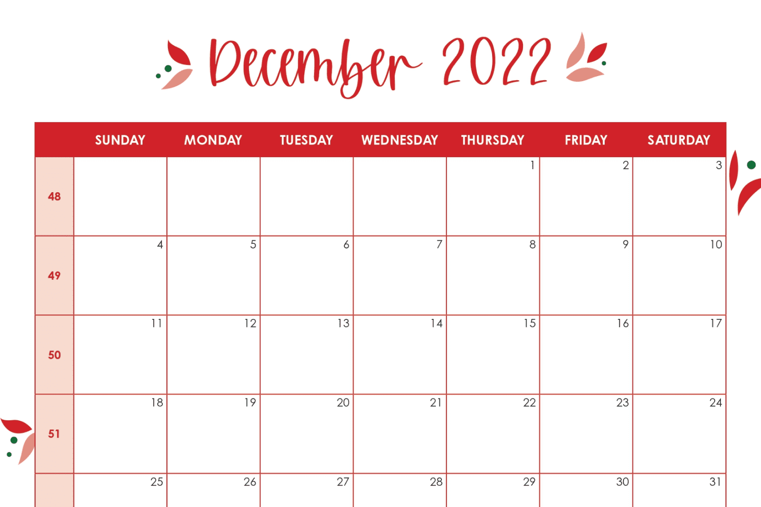December calendar with red lines and floral accents.