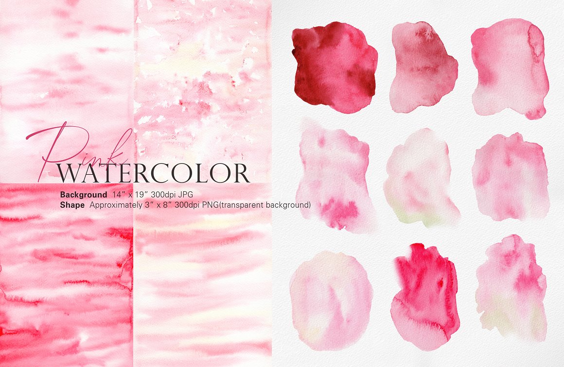 A set of 9 different watercolor shapes in pink.