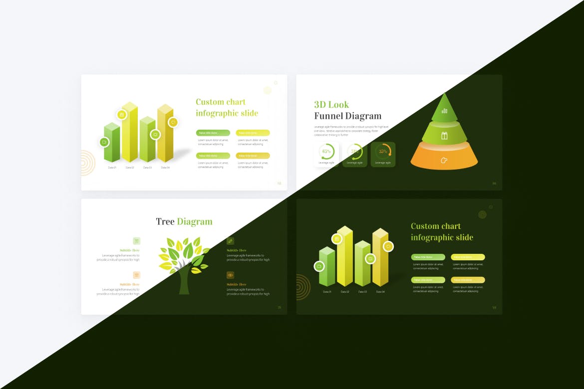 Colorful slides with creative diagrams and infographics.