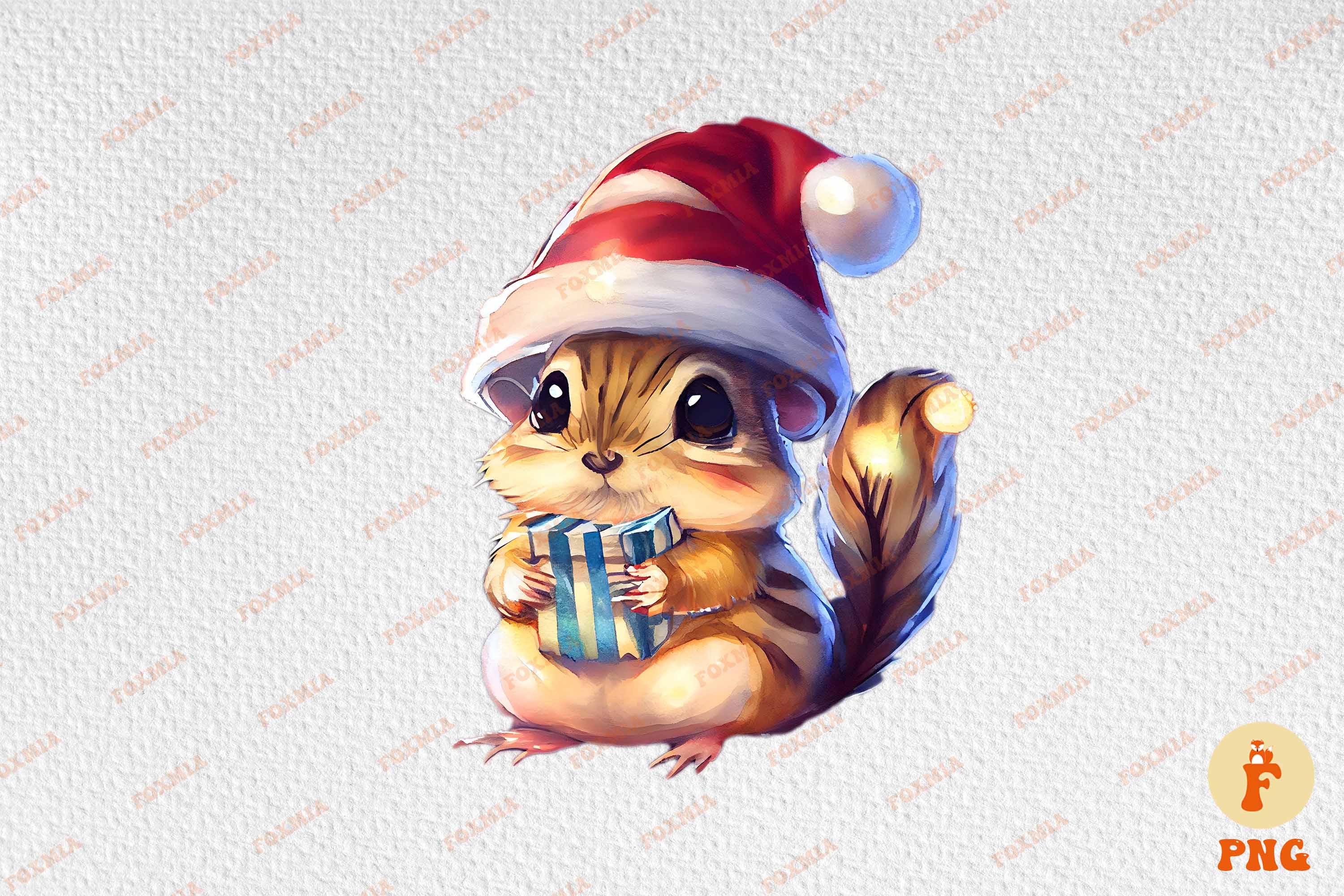 Beautiful image of a chipmunk wearing a Santa hat.