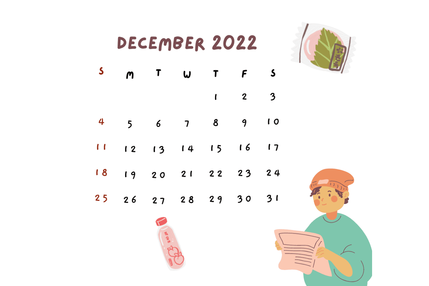 December calendar with A cartoon dude drawing and cute sloppy numbers.