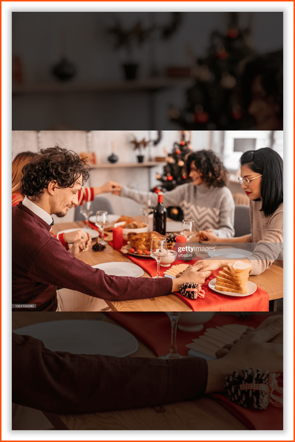 The big company of friends is praying during the festive supper.