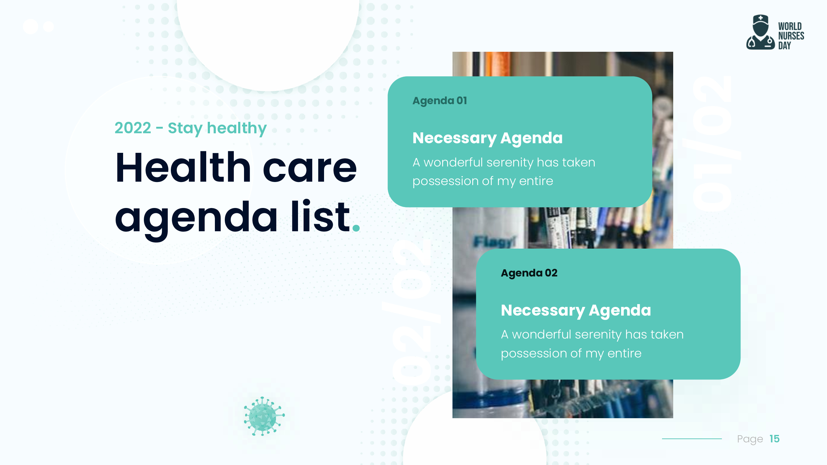 Slide with health care agenda list.