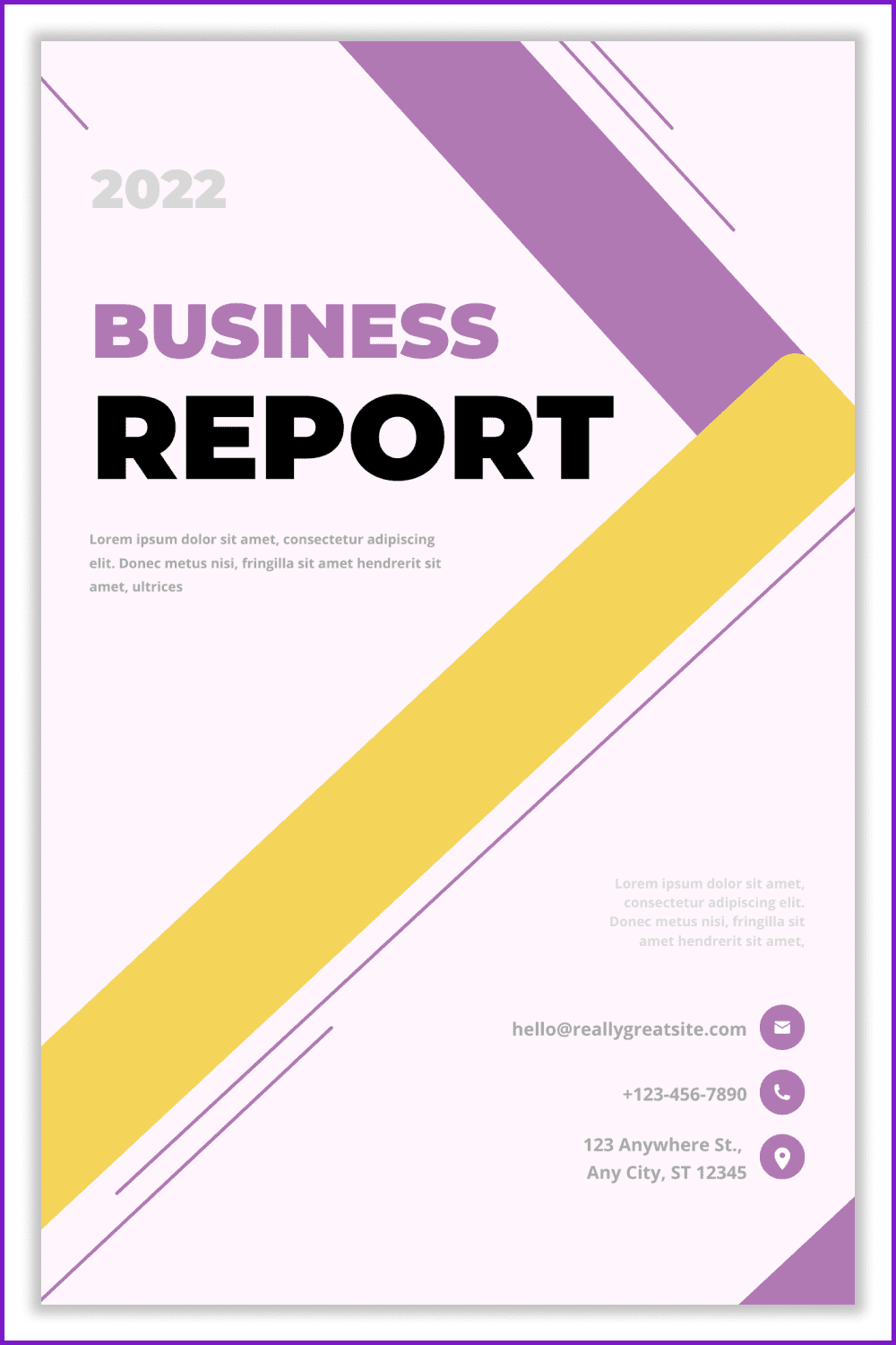 Cover of Business report with purple and yellow stripes.