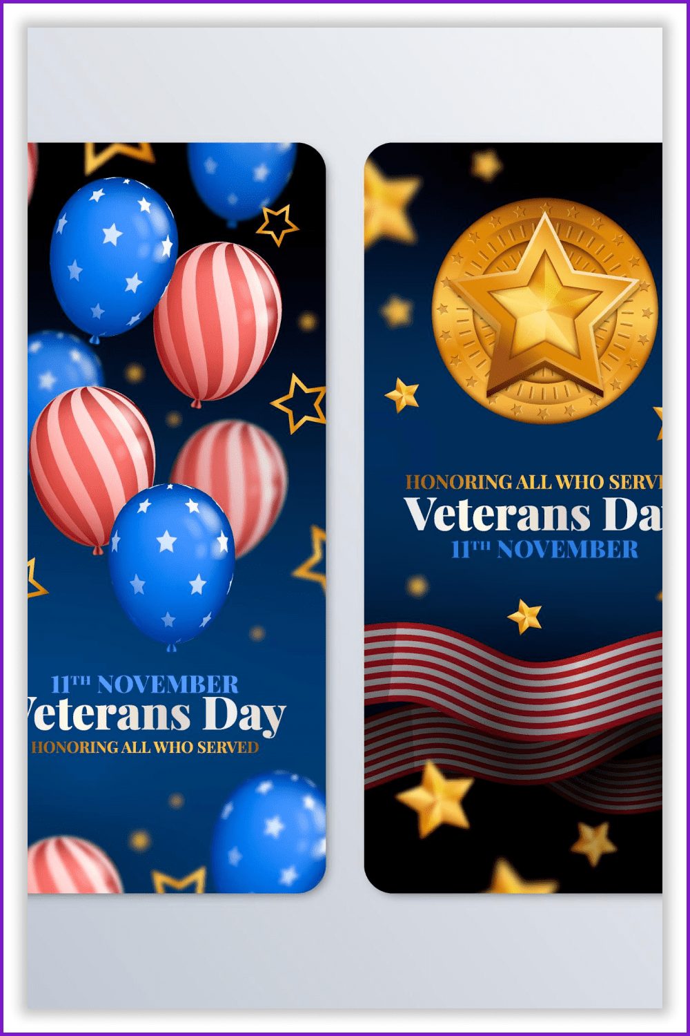 Collage of stories for Instagram with congratulations on Veterans Day with balloons and stars.