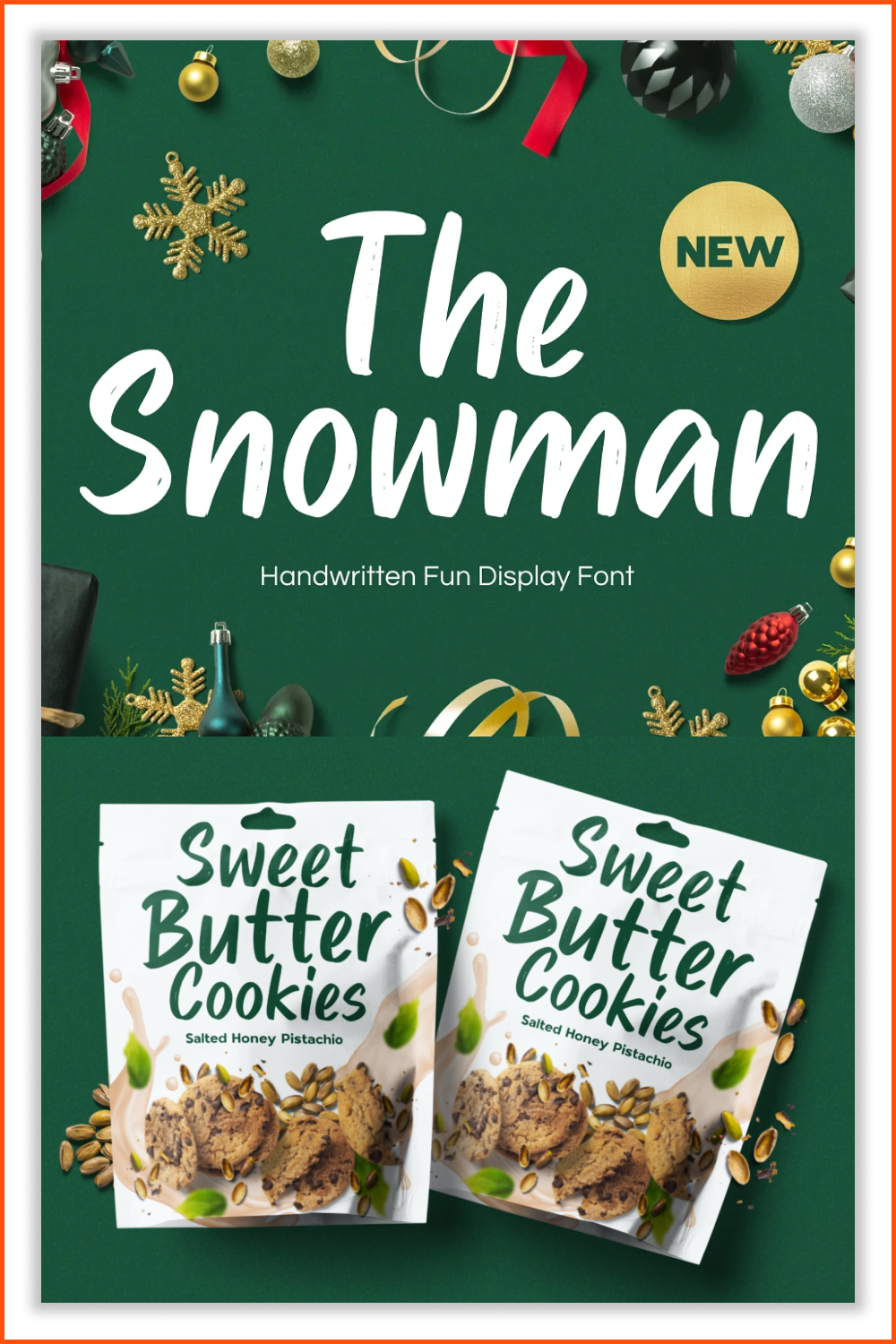 Beautiful handwritten font on a green background and on the package of cookies.