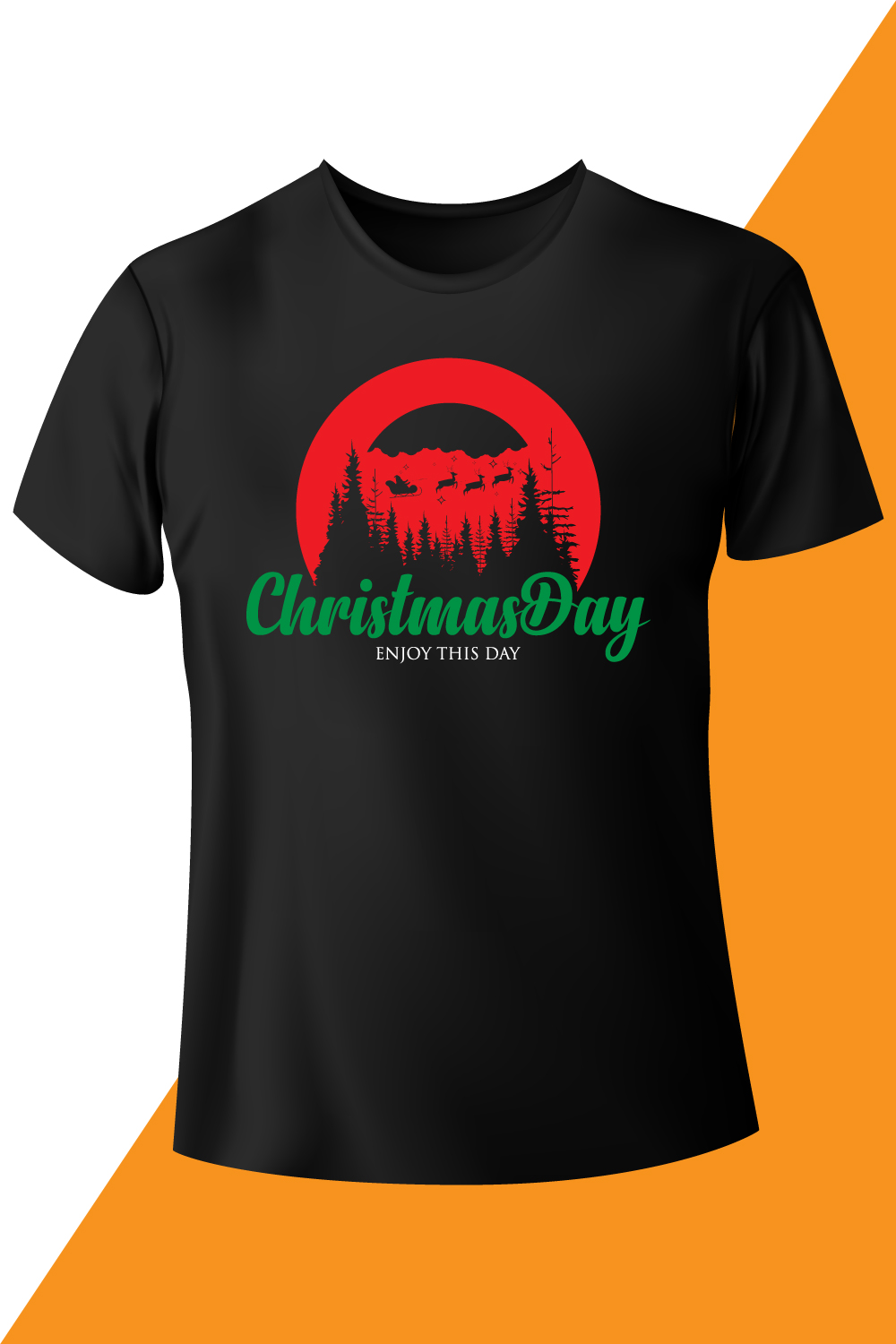 Image of a black t-shirt with an enchanting Christmas Day print.