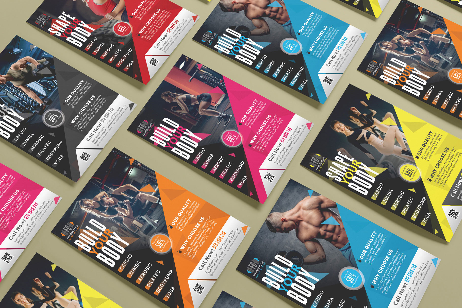 There are so many colorful designs for Fitness Center Flyers.