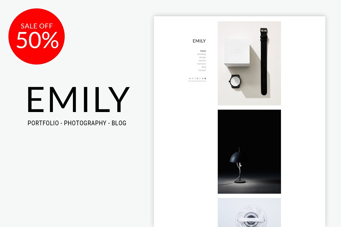 Template of Emily minimal portfolio in wordpress on a gray background.