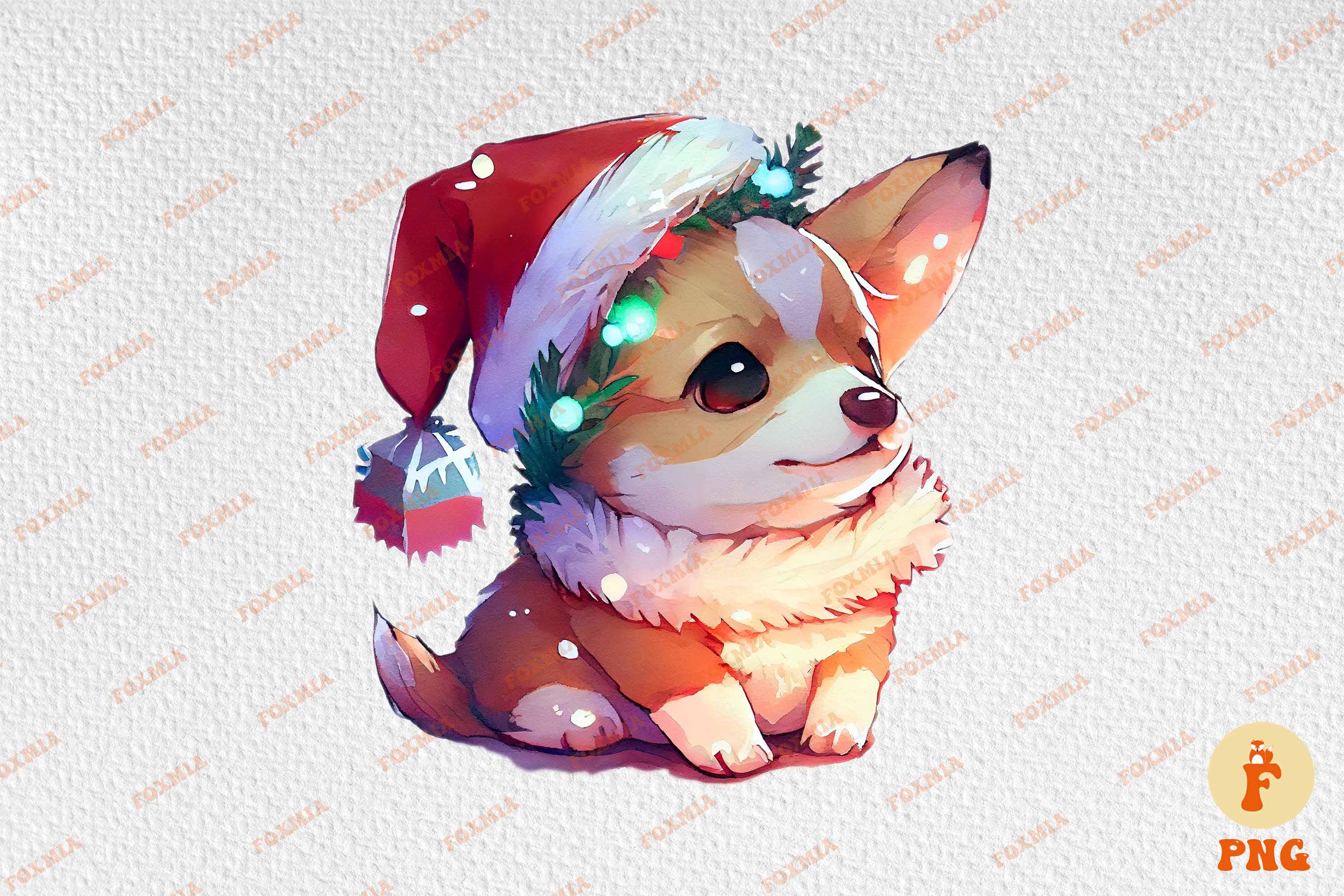 Unique image of a corgi wearing a Santa hat.