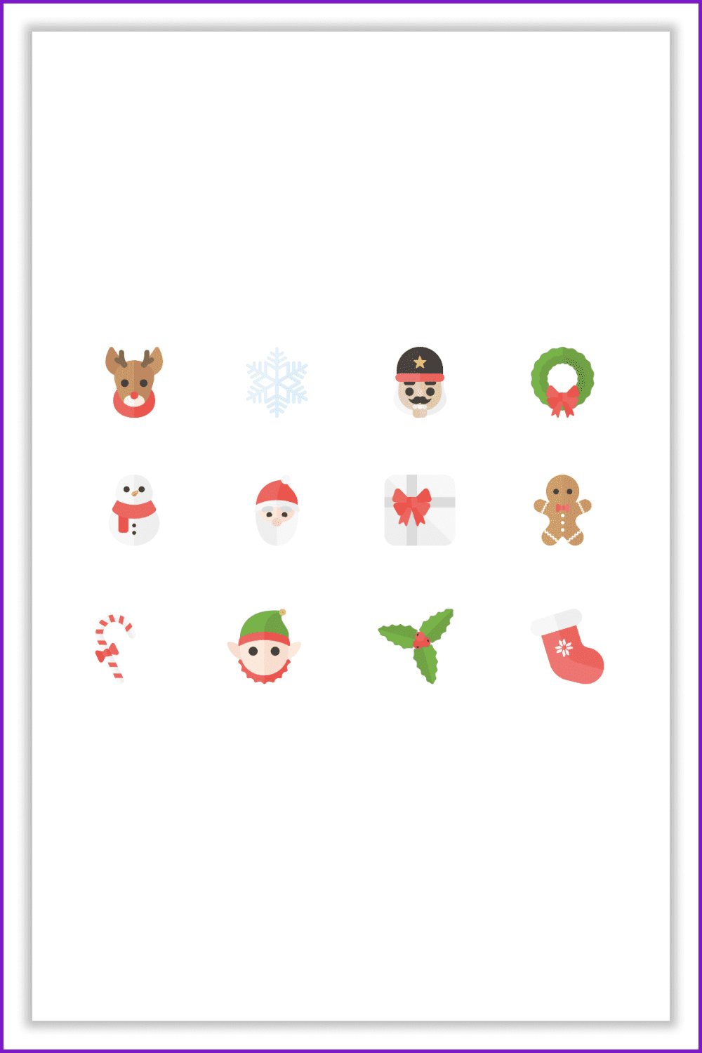 Collage of colored icons of elves, deer, Santa Claus and other Christmas characters.