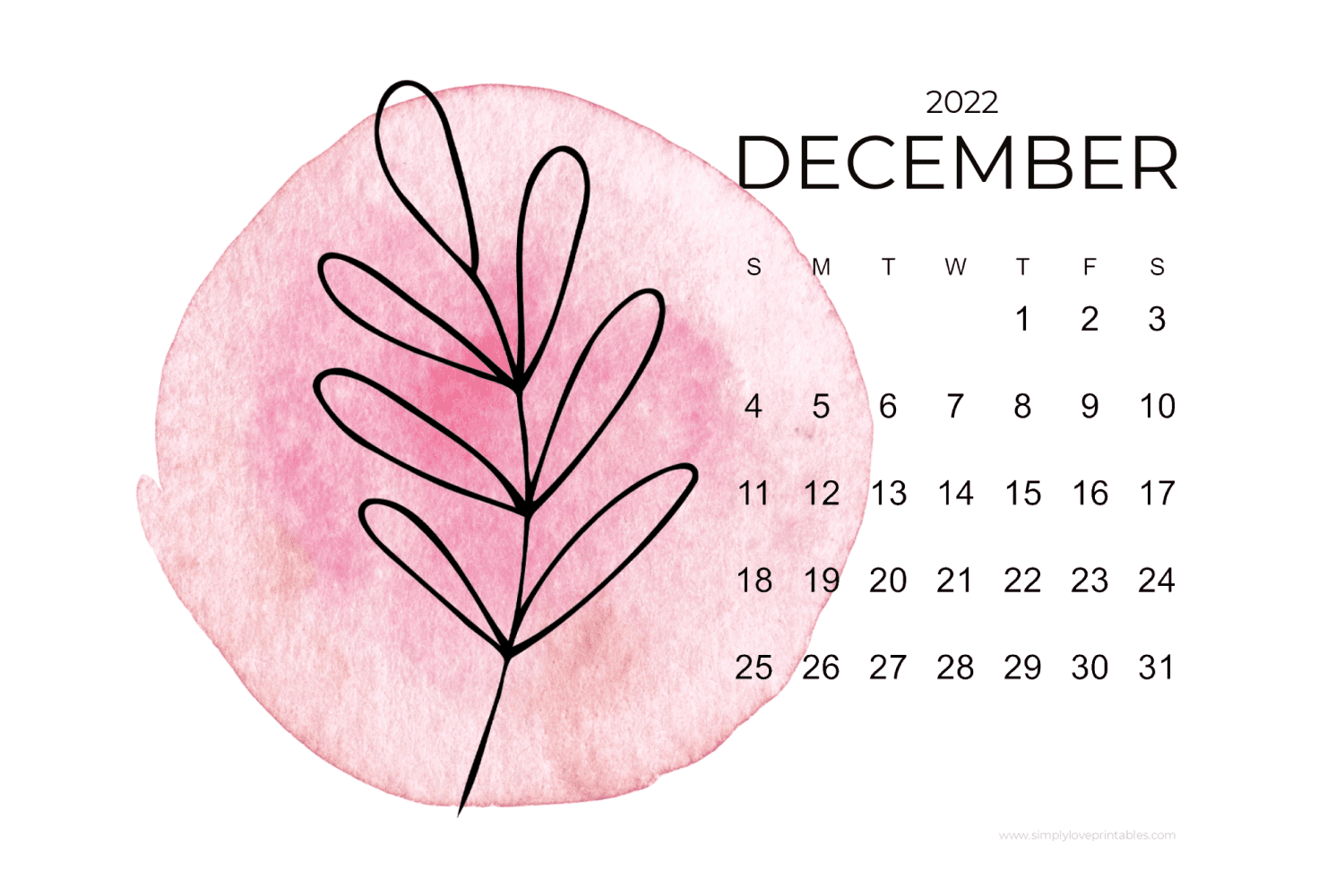 December calendar with watercolor leave on a pink background.