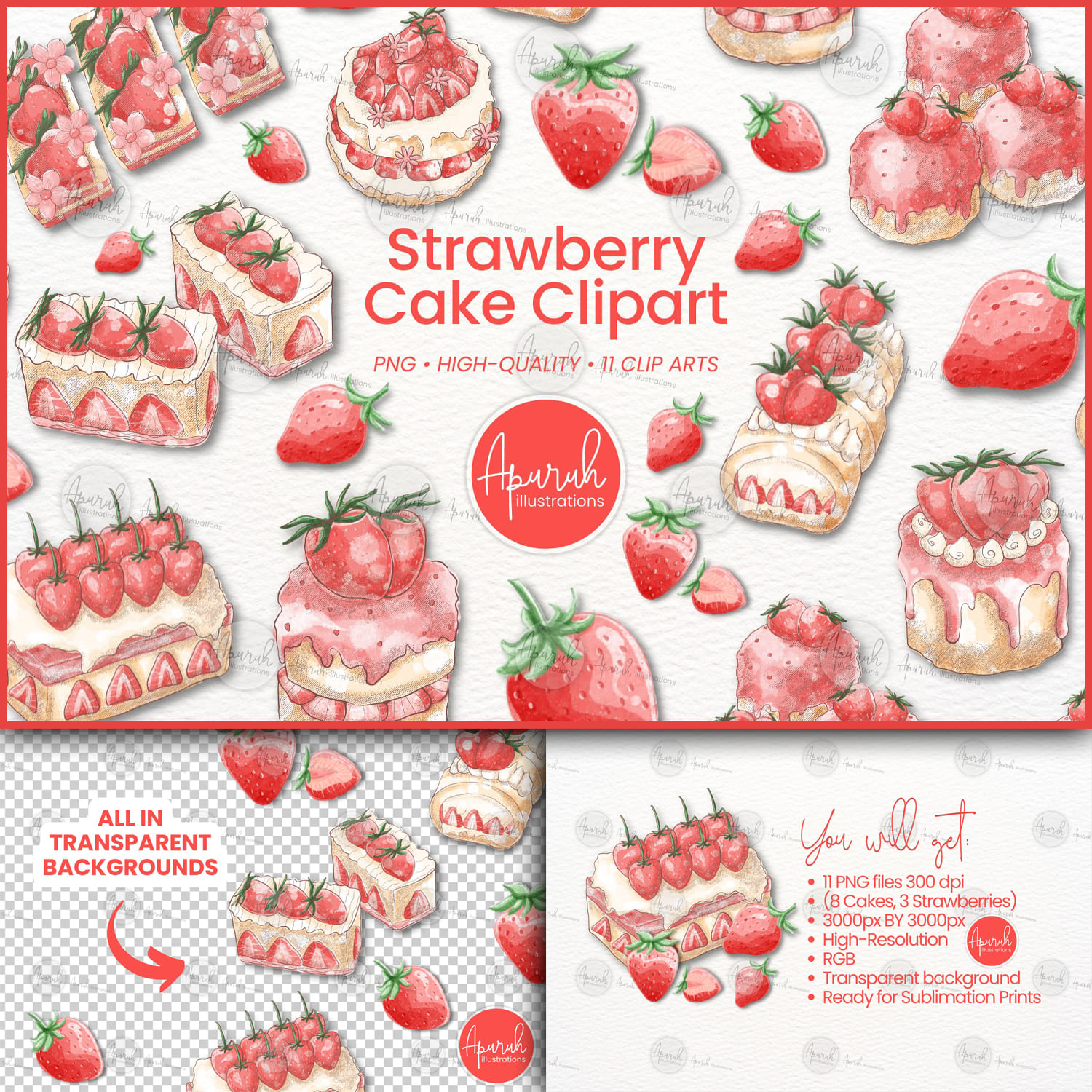 Strawberry Watercolor Cake Clipart Sublimation - main image preview.