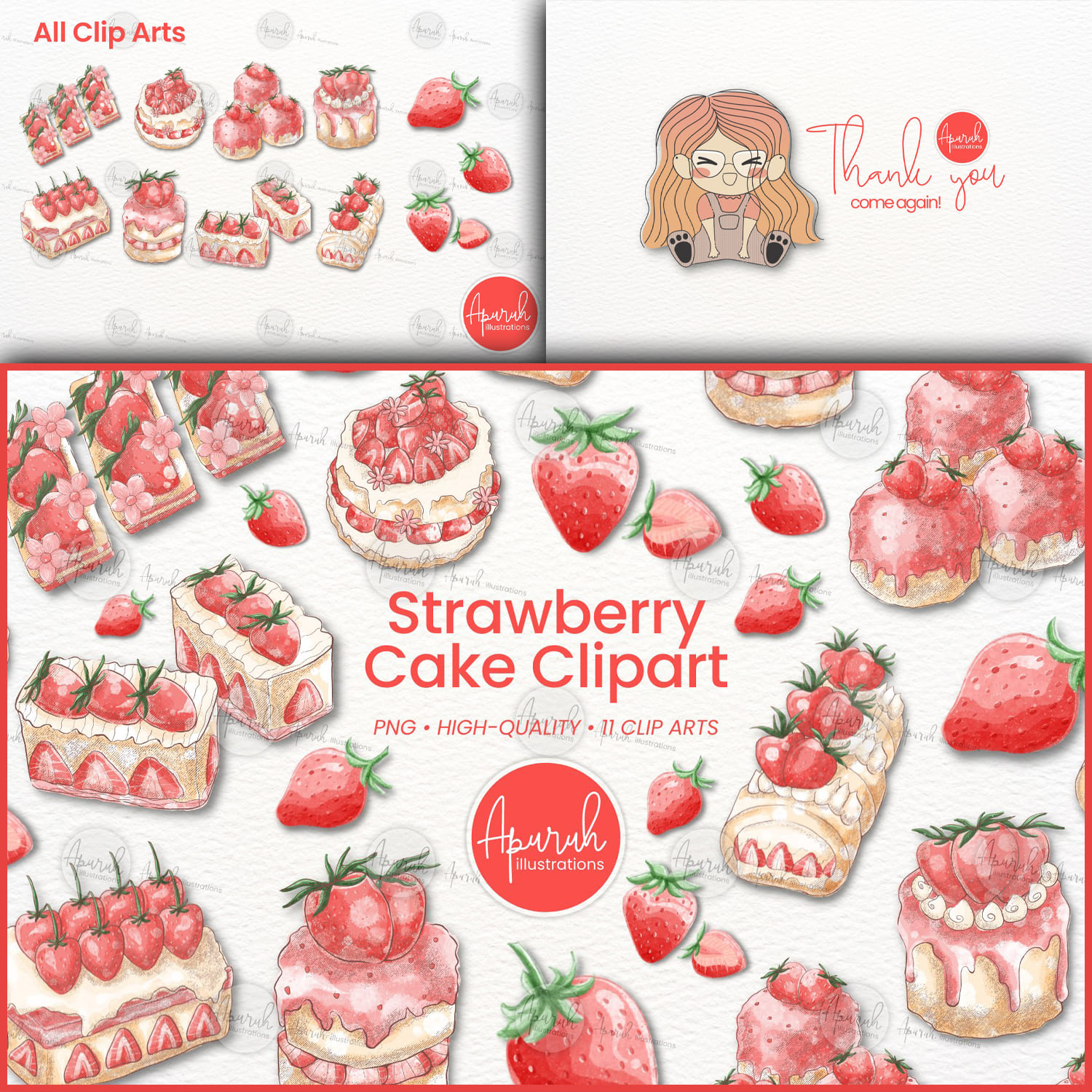 Strawberry Watercolor Cake Clipart Sublimation Created By Apuruh Illustrations.