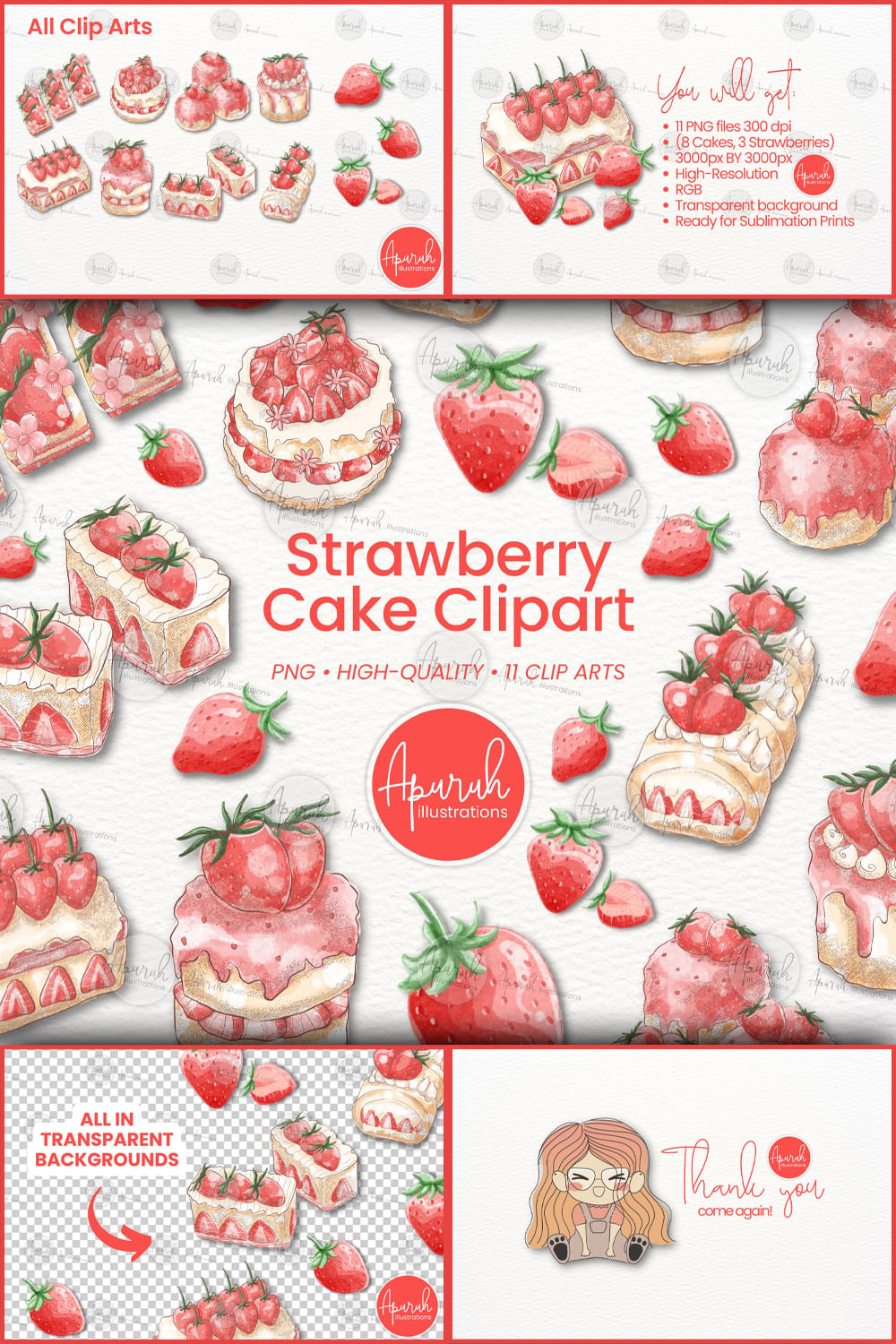 Strawberry Watercolor Cake Clipart Sublimation - pinterest image preview.