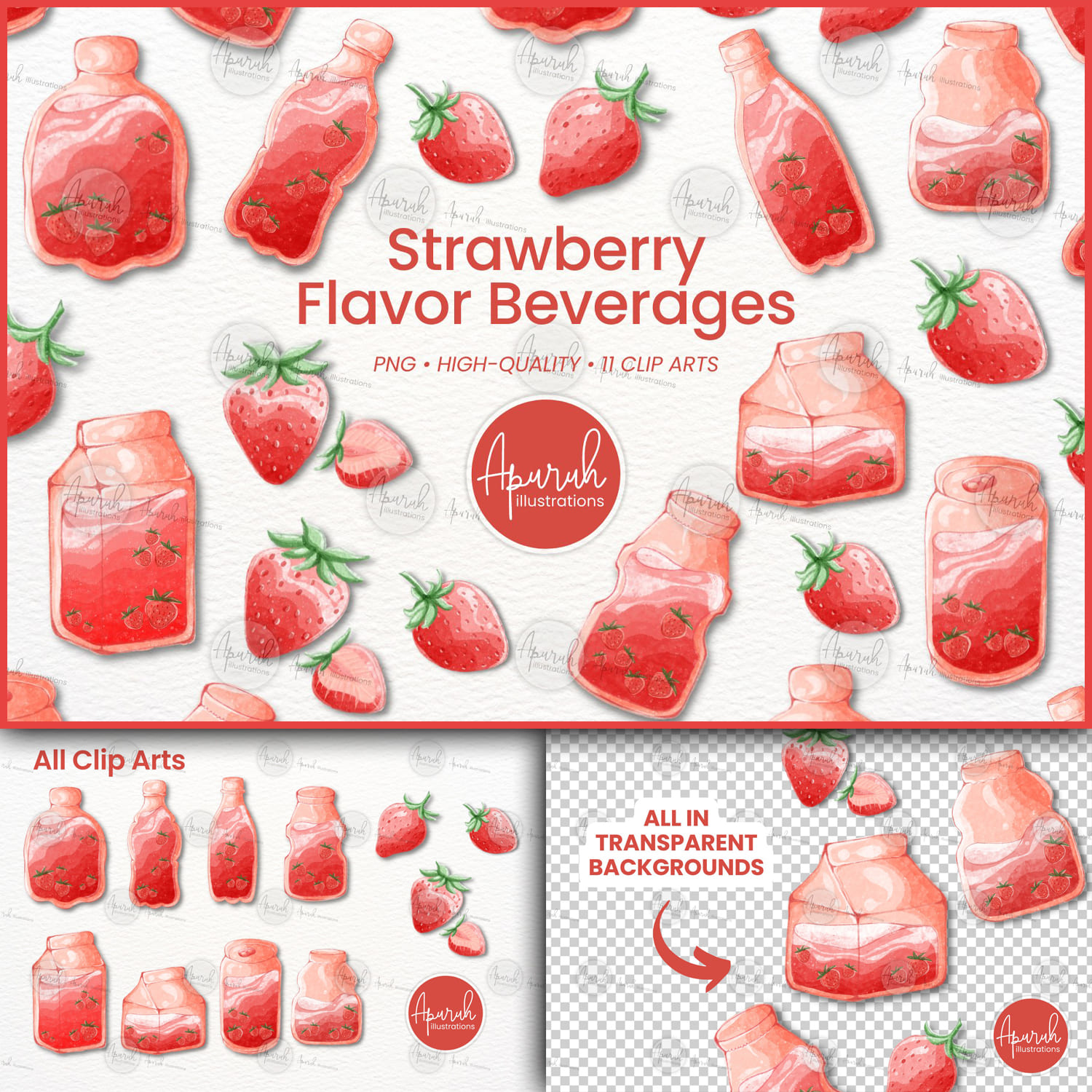 Strawberry Flavor Watercolor Beverages Clipart Sublimation - main image preview.