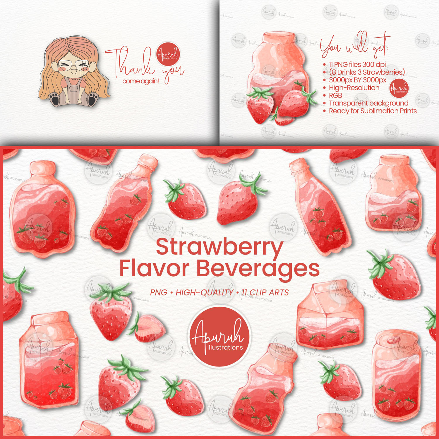 Strawberry Flavor Watercolor Beverages Clipart Sublimation Created By Apuruh Illustrations.