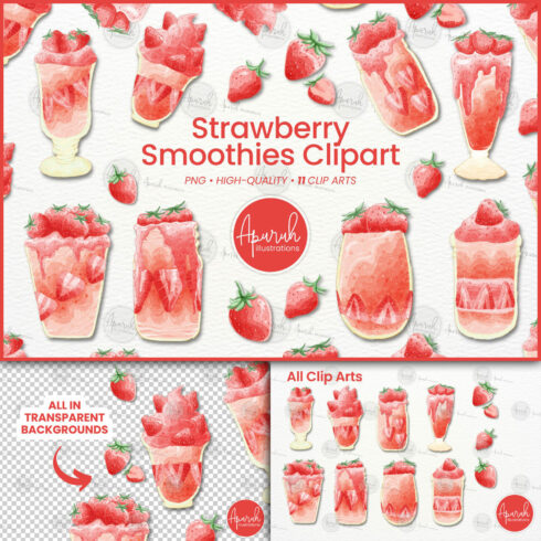 Strawberry Smoothies Watercolor Clipart - main image preview.