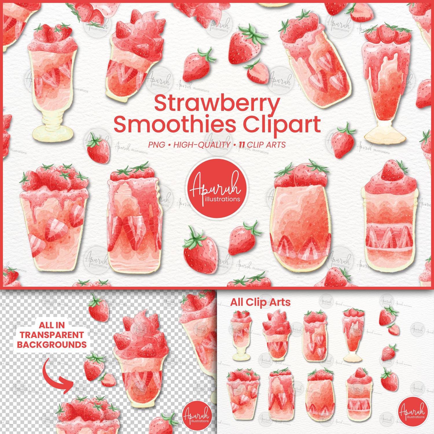 Strawberry Smoothies Watercolor Clipart - main image preview.