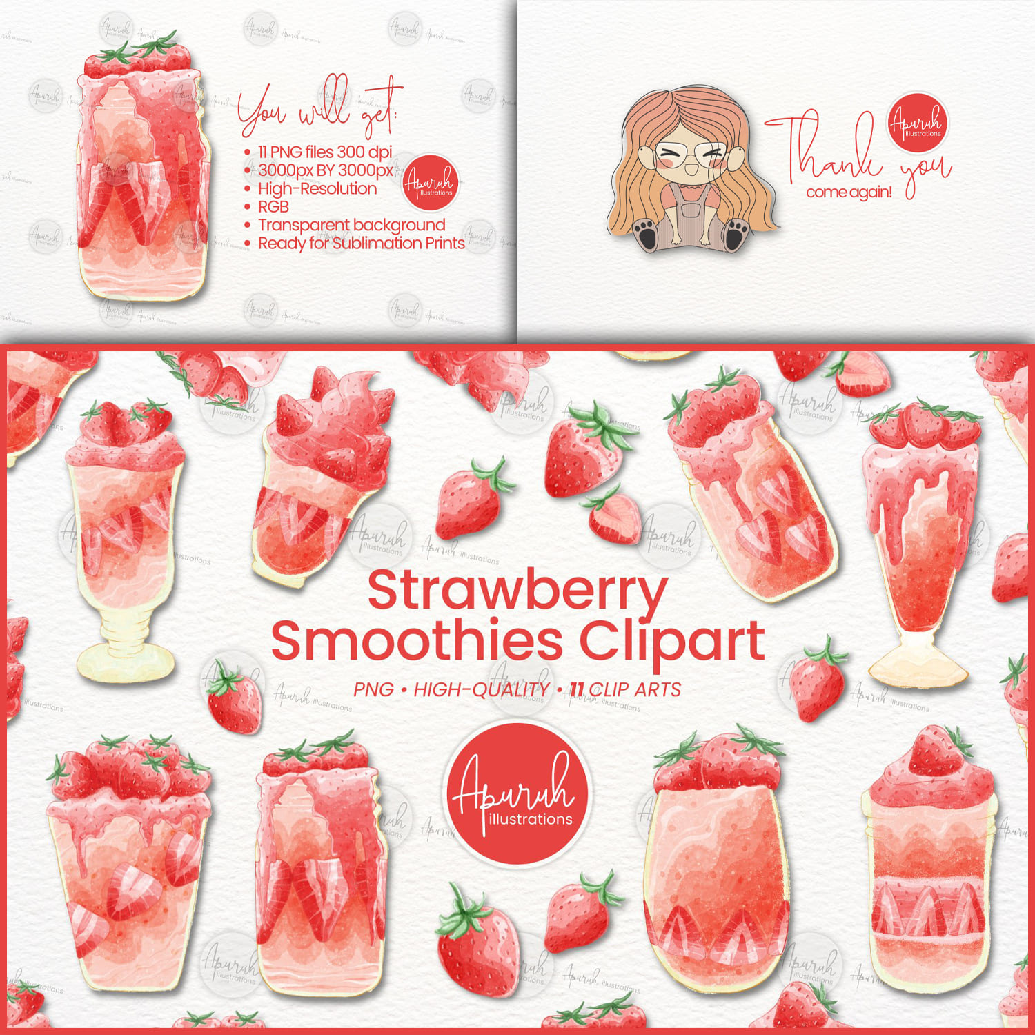 1963046 strawberry smoothies watercolor clipart 1500 1500 2 901