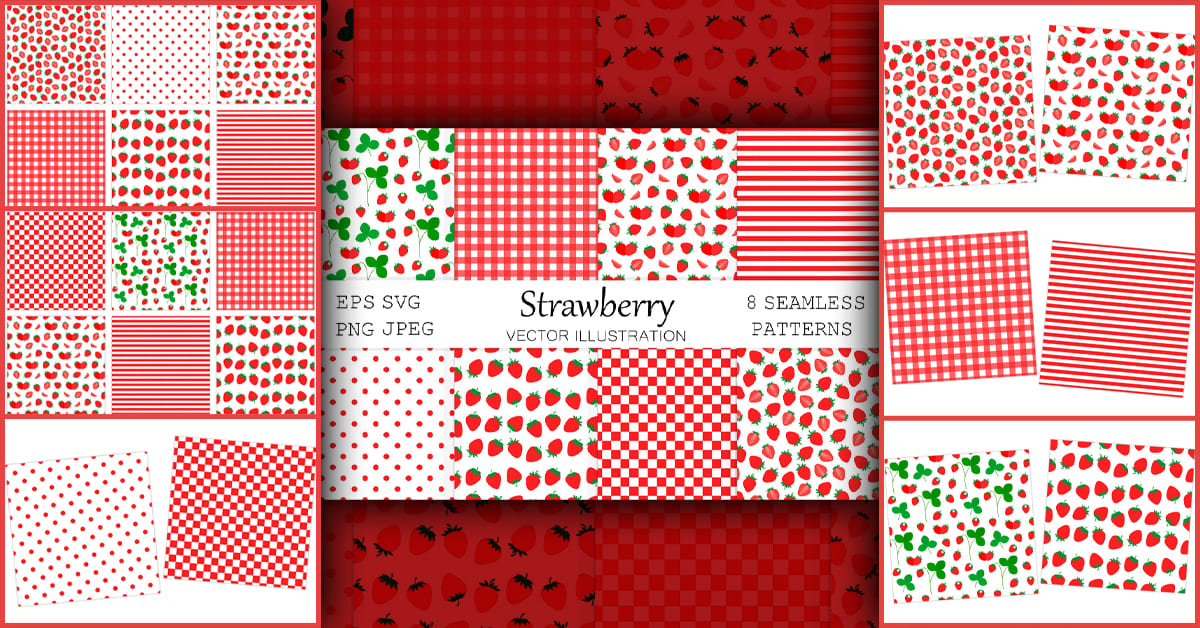 Strawberry SVG, PNG, EPS clipart and seamless patterns