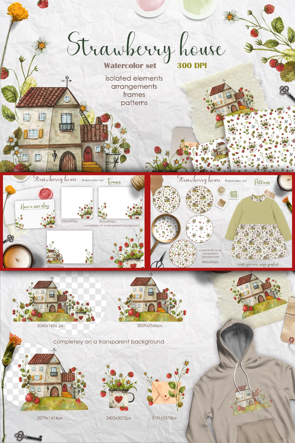 Strawberry House Watercolor Set - pinterest image preview.