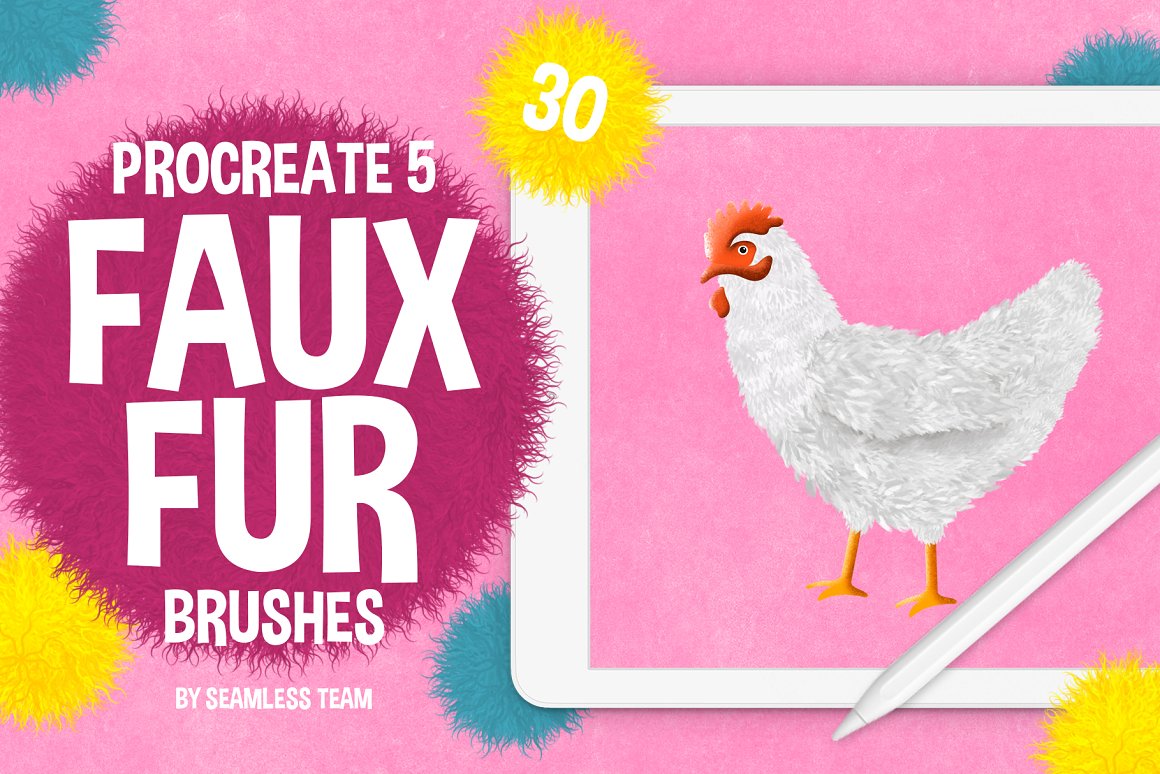 Rooster and white lettering "Procreate 5 Faux Fur Brushes" on a pink background.