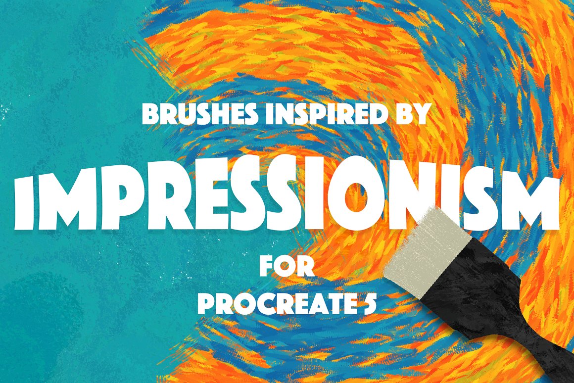 White lettering "Brushes Inspired by Impressionism For Procreate 5" on an abstract background.