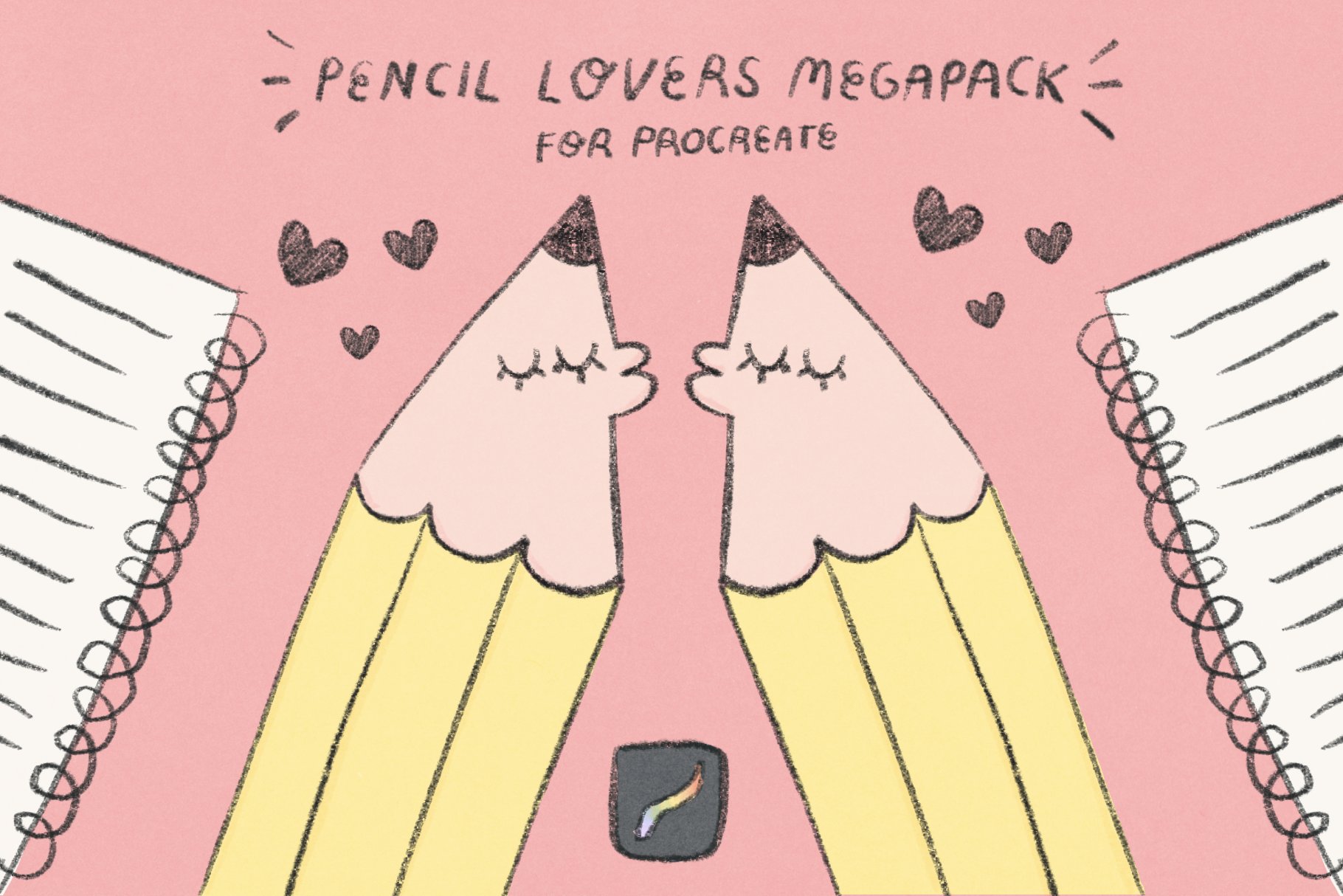 Light pink background with the cute pencil couple.