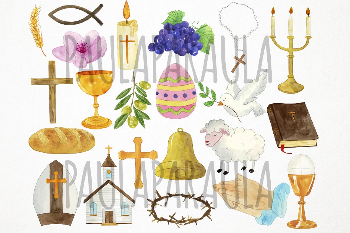 A set of different watercolor illustrations of a catholic easter on a gray background.