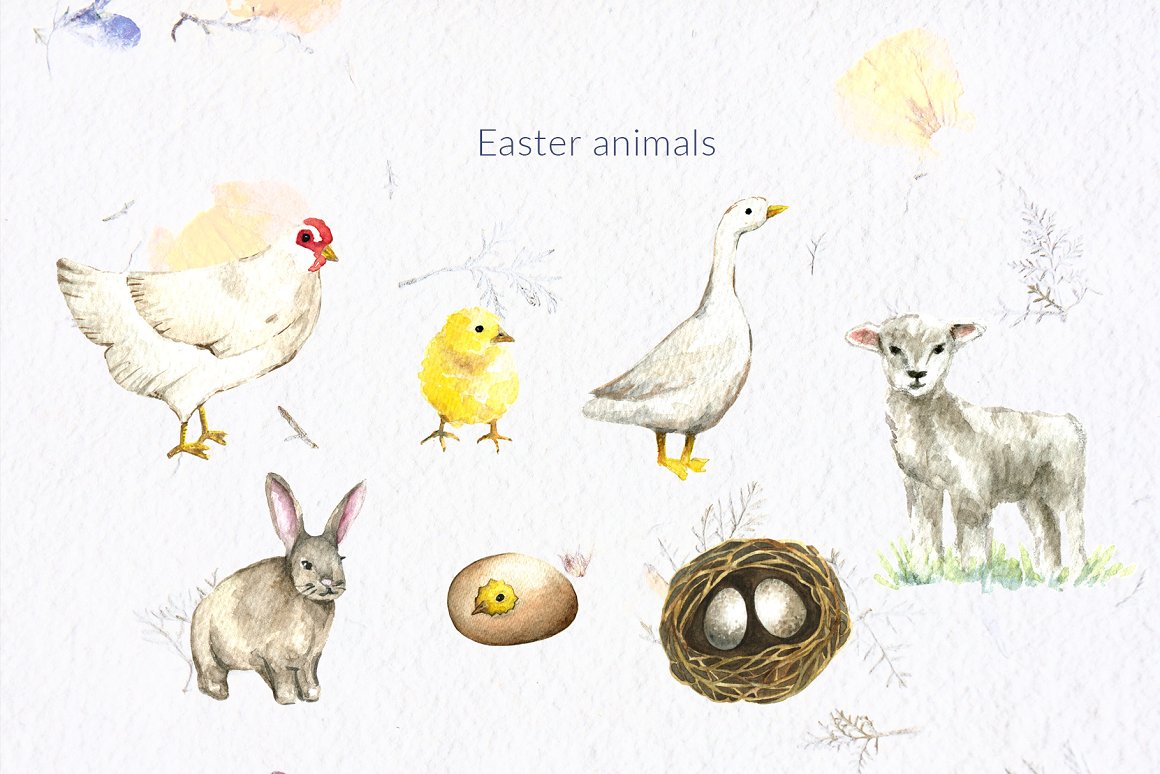 A set of easter animals - rooster, chicken, gander, rabbit, goatling and eggs on a gray background.