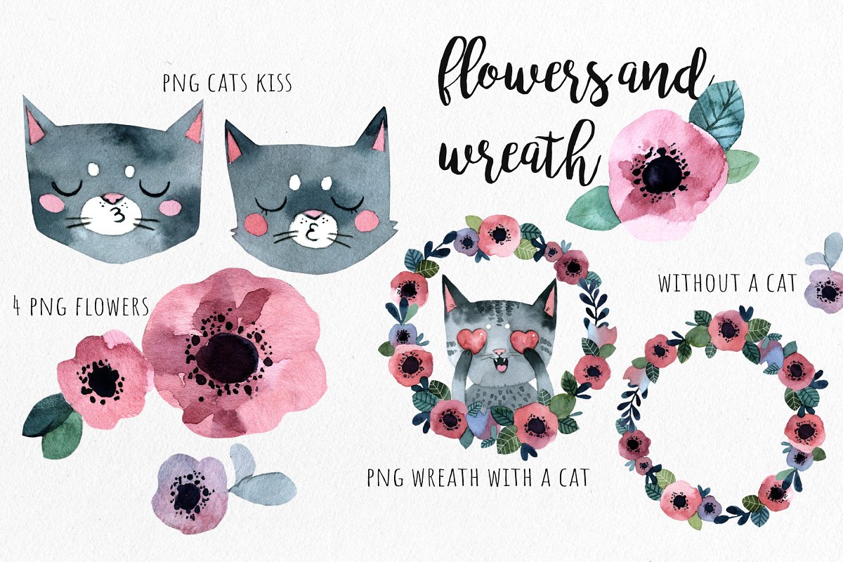 Watercolor cats, flowers and wreath.