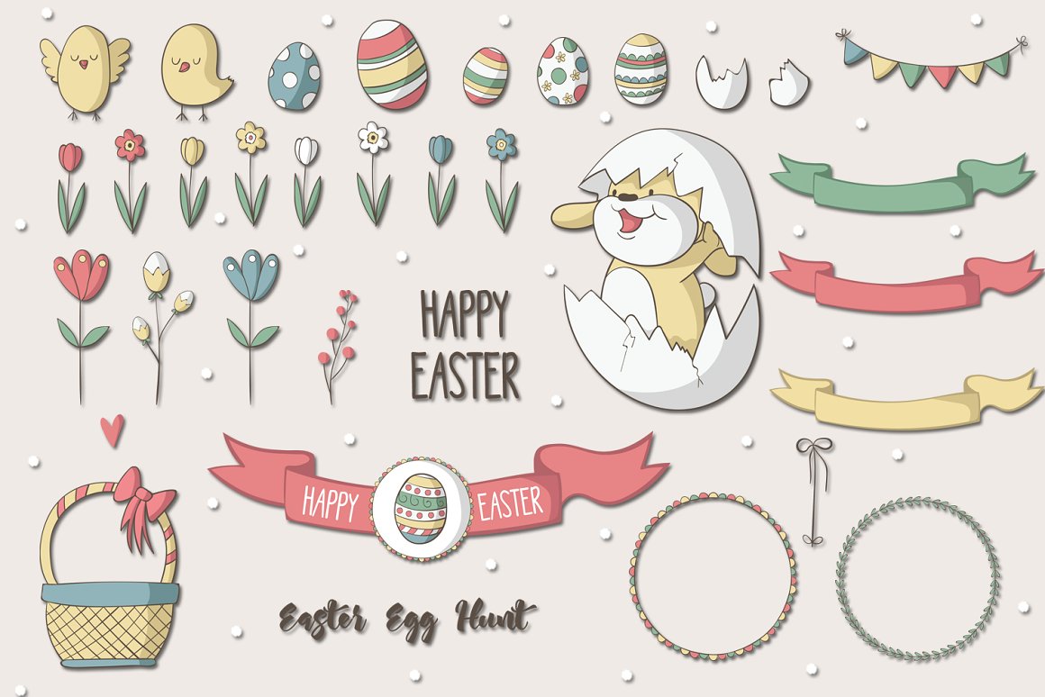 Clipart of 34 different easter illustrations on a gray background.