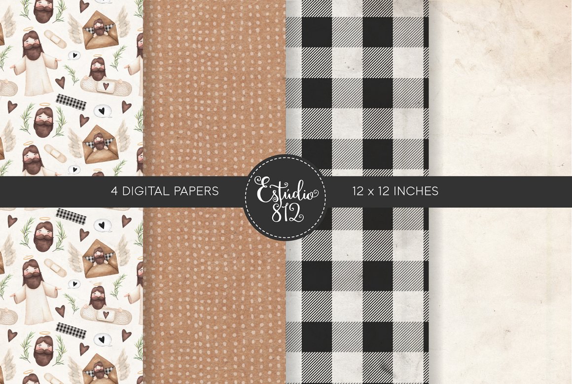 A set of 4 different digital papers - with illustration of a Jesus on a white background, beige grain on a brown background, black and white checkered and marble.