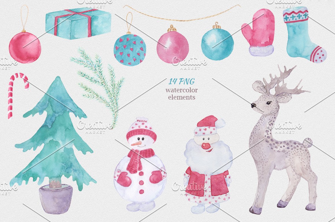 A set of different colorful christmas decor, elements, christmas tree, snowman, reindeer and santa on a gray background.