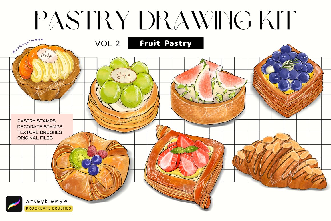 Black lettering "Pastry Drawing Kit" and 7 different fruit pastry on a white background.